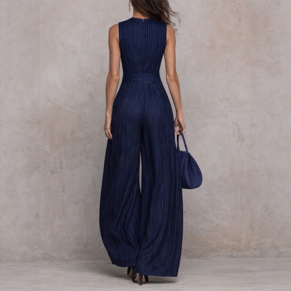 Zimmermann Sleeveless Navy Pinstripe Jumpsuit with Keyhole Neck - Picture 2 of 4